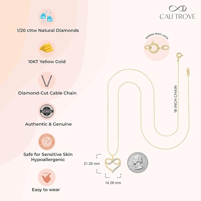 Cali Trove 1/4Ct & 1/20Ct Natural Diamond Single Heart Infinity Pendant For Women In 10Kt Gold | Silver Necklaces For Women | Gold Jewelry Necklace | Elegant Gifts For Her in White, Yellow & Pink