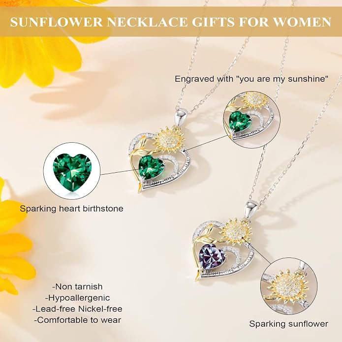 Iefil Sunflower Gifts for Women - Anniversary Birthday Gifts for Women 925 Sterling Silver Birthstone Necklace, Sunflower Necklace for Women, Birthday Gifts for Women Wife Girlfriend Mom