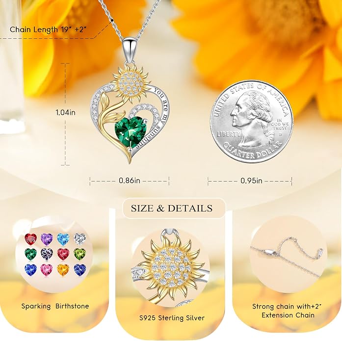 Iefil Sunflower Gifts for Women - Anniversary Birthday Gifts for Women 925 Sterling Silver Birthstone Necklace, Sunflower Necklace for Women, Birthday Gifts for Women Wife Girlfriend Mom